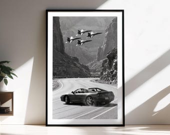 Impresión enmarcada de un Ferrari F355 / Arte de aviación de los Blue Angels / Arte mural automotriz en blanco y negro / Fotografía cinematográfica de automóviles / Impresión de bellas artes