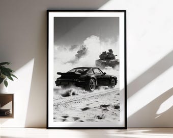 Impresión enmarcada del Porsche 964 Turbo: Arte automotriz de guerra en el desierto / Fotografía cinematográfica de autos en blanco y negro / Decoración de lujo para el hogar