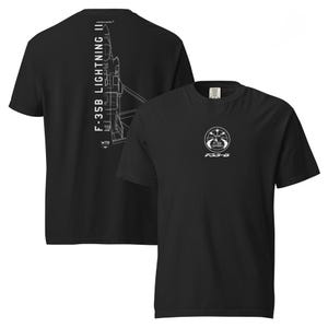 May include: Black t-shirts with white graphic designs. One shirt displays a vertical design with "F-35B LIGHTNING II" and an aircraft diagram. The other has a circular emblem and "F35-B" text.