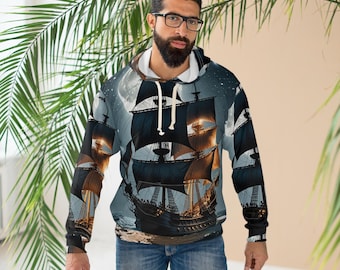 Mystical Sailing All Over Print AOP Hoodie, Nautical Adventure Pullover, Pirates and Ocean Lovers, Adventurers, Cozy Winter Unique