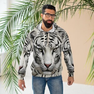 Majestueuze 3D witte tijger all-over print AOP hoodie, gezellige trui voor dierenliefhebbers, uniseks cadeau, dieren in het wild, stijlvolle streetwear, uniek