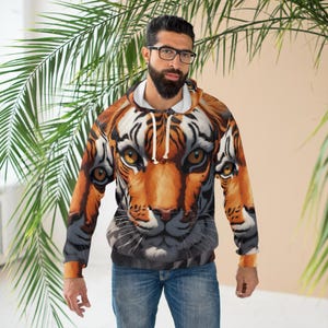 Majestic Tiger All Over Print Unisex Pullover Hoodie, Wild Animal Lover Gift, Cozy Streetwear, Nature Inspired Apparel, Wildlife Enthusiasts