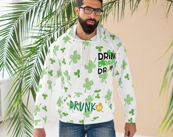 St. Patrick's Day All Over Print Green Shamrock Hoodie, Lucky Charm Leprechaun Unisex Pullover, Cheers & Beers, Drunk-ish, Irish Wear