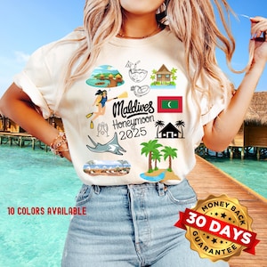 Custom Maldives Honeymoon Unisex T-shirt, Comfort Colors Vacation Tee, Beachwear, Travel Gift, Couples Shirts, Tropical Getaway, Hubby Wifey