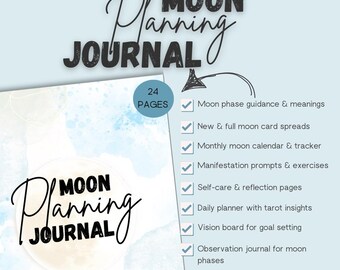 Pode incluir: Um fundo de aquarela azul e branco com o texto "MOON Planning JOURNAL" em preto. O texto "24 PAGES" está em um círculo branco com contorno preto. Uma lista de verificação com marcas de verificação inclui o seguinte: "Orientação e significados das fases da lua", "Espalhamentos de cartas de lua nova e lua cheia", "Calendário lunar mensal e rastreador", "Sugestões e exercícios de manifestação", "Páginas de autocuidado e reflexão", "Planejador diário com insights de tarô", "Quadro de visão para definição de metas", "Diário de observação para as fases da lua".