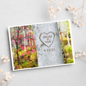 Carte personnalisée en forme d'arbre en forme de cœur sculpté, carte pliée avec photo encadrée avec enveloppe, carte pour couple, 1 an, 5e anniversaire, carte de jeunes mariés