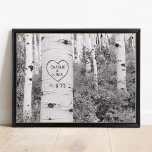 Carved Tree Personalized Art, Aspen Trees Print, Gift for Couple, Modern Cabin Wall Art, Custom Wedding Gift, Gift for Groom