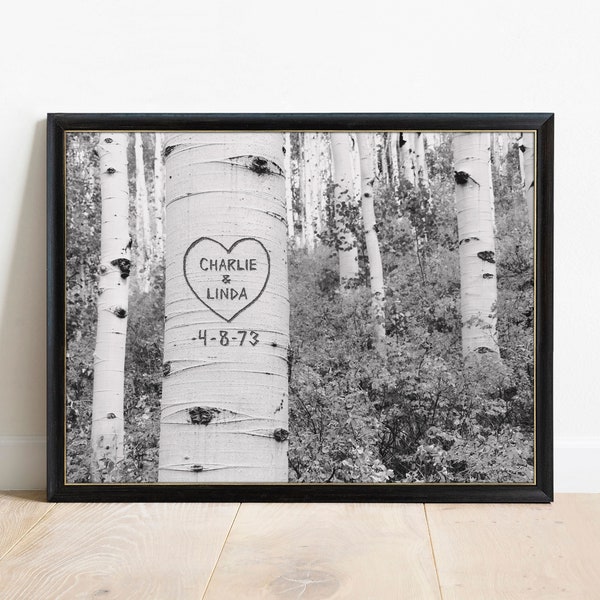 Carved Tree Personalized Art, Aspen Trees Print, Gift for Couple, Modern Cabin Wall Art, Custom Wedding Gift, Gift for Groom