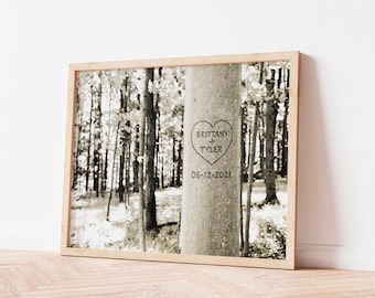 Personalized Tree Carving Print - Romantic Couples Gift - Gift for Him - Anniversary Present - Gift for Mom - Unique Wedding Gift