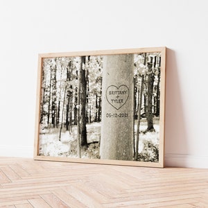 Personalized Tree Carving Print - Romantic Couples Gift - Gift for Him - Anniversary Present - Gift for Mom - Unique Wedding Gift