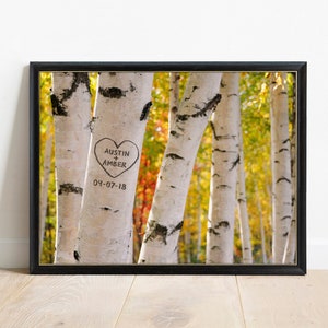 Personalized Birch Tree Print, Custom Art Print, Wedding Keepsake Gift, Fall Wedding Gift, Tree Carving Art, Autumn Decor, Love Gift