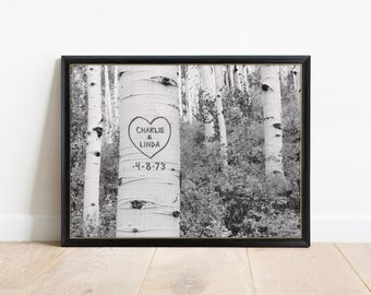 Carved Tree Personalized Art, Aspen Trees Print, Gift for Couple, Modern Cabin Wall Art, Custom Wedding Gift, Gift for Groom