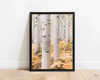 Aspen Forest Personalized Print, Carved Tree Print, Gift for Couple, Wedding Print, Custom Wedding Shower Gift, Fall Art, Rustic Wall Decor