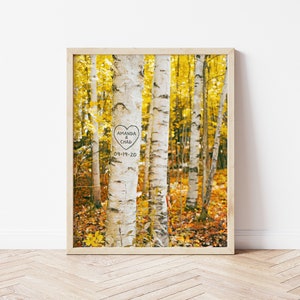 Birch Tree Art Print, Personalized Print, Aspen Tree, Carved Tree, Couples Gift, Gift for Wife, Romantic Gift, Fall Decor, Custom Print