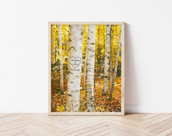 Birch Tree Art Print, Personalized Print, Aspen Tree, Carved Tree, Couples Gift, Gift for Wife, Romantic Gift, Fall Decor, Custom Print