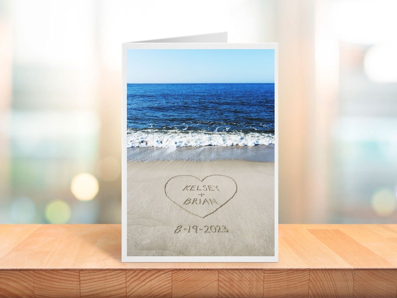 Personalized Beach Card, Custom Wedding Card, Beach Stationary, Names in Sand, Message in Sand, Beach Themed Wedding Card, Sand Writing Card image 1