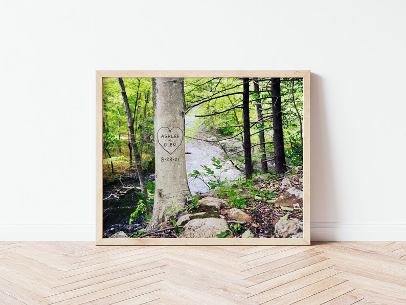 Forest scene with a beech tree near a river.  The tree has the option to be digitally personalized with names, dates or a short message