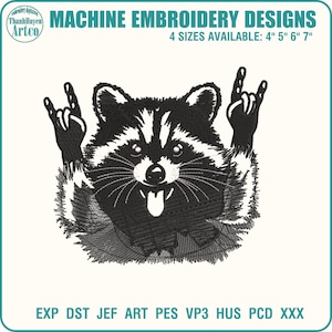 Unhinged Racoon embroidery design, Animal machine embroidery files, Cute embroidery, 4x4 hoop designs, DST PES Files