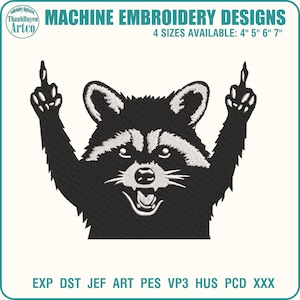 Angry Racoon embroidery design, Animal machine embroidery files, Cute embroidery, 4x4 hoop designs, DST PES Files