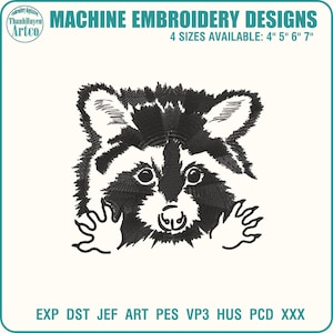 Racoon embroidery design, Animal machine embroidery files, Cute embroidery, 4x4 hoop designs, DST PES Files