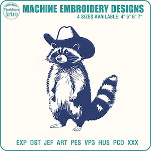 Racoon embroidery design, Animal machine embroidery files, Cute embroidery, 4x4 hoop designs, DST PES Files