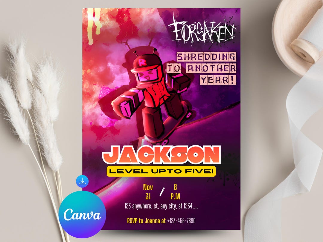 Forsaken Editable Roblox Birthday Invitation Canva Template Kids Party ...