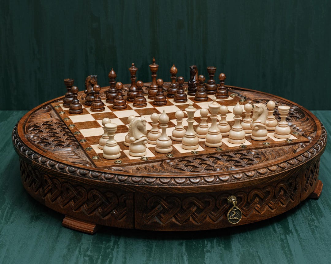 Handmade Round Chess Board With Storage, Chess Set With Drawers, Modern ...
