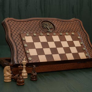 Handmade Chess and Backgammon Board with Celtic Tree of Life, Personalized Gift for Board Game Lover, Checkers, Tavli, Folding Chess Set
