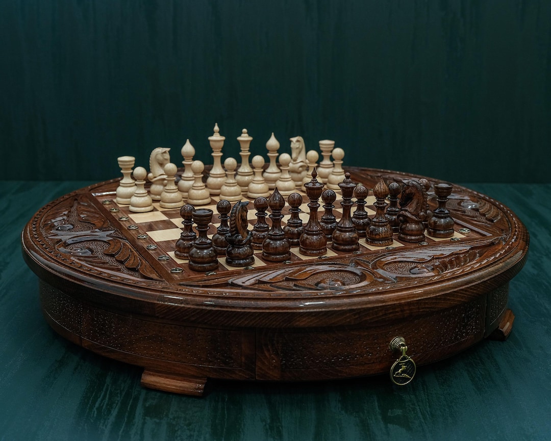 Handmade Round Chess Board With Storage, Chess Set With Drawers, Modern ...