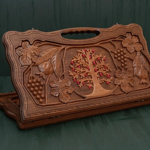 Handmade Chess and Backgammon Board with Celtic Tree of Life, Personalized Gift for Board Game Lover, Checkers, Tavli, Folding Chess Set