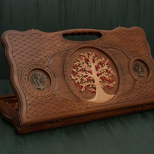 Handmade Chess and Backgammon Board with Celtic Tree of Life, Personalized Gift for Board Game Lover, Checkers, Tavli, Folding Chess Set