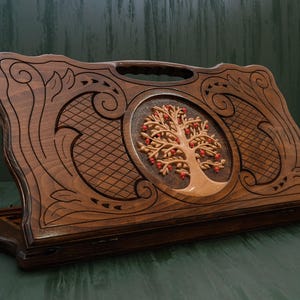 Handmade Chess and Backgammon Board with Celtic Tree of Life, Personalized Gift for Board Game Lover, Checkers, Tavli, Folding Chess Set