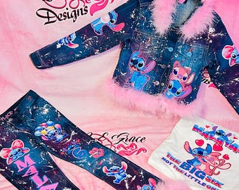 Custom Denim Birthday Outfit: Personalized Theme, Boys or Girls Custom Stitch Denim Jacket Outfit for Girls, Personalized Kids Jean Set,