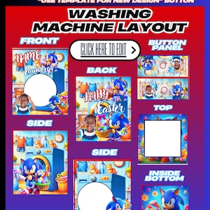 Può includere: Un design colorato del layout della lavatrice con il testo "Washing Machine Layout". Il design include immagini di Sonic the Hedgehog, bambini e uova di Pasqua. Il layout include sezioni etichettate come "Front", "Back", "Side", "Button Panel", "Top" e "Inside Bottom".