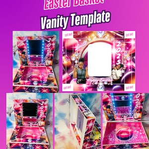 May include: A pink and white vanity box with a mirror and a cut-out for a photo. The box is decorated with glitter, rhinestones, and the text "Laila 2025".