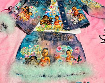 Custom Denim photo birthday Outfit: Personalized Theme, Boys or Girls Custom Moana Denim Jacket Outfit for Girls, Personalized Kids Jean Set