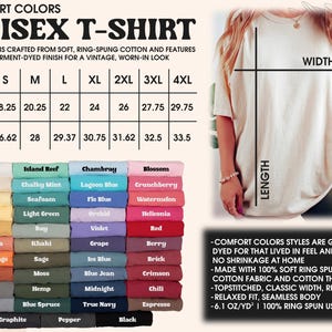 Op de afbeelding: Unisex T-shirt in diverse Comfort Colors. De afbeelding toont een maattabel met afmetingen in inches, kleurstalen en details over de kenmerken van het kledingstuk, inclusief zacht ringgesponnen katoen en een vintage look.