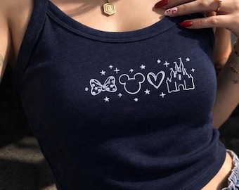 Camiseta sin mangas con bordado de corazón, ratón y castillo de cuento de hadas / Camiseta bordada inspirada en princesas, camiseta sin mangas con estética mágica de dibujos animados para mujer