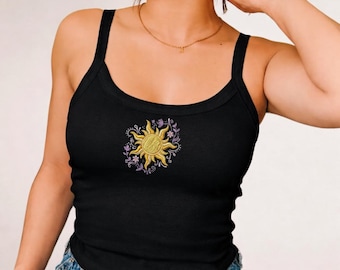 EMBROIDERED Rapunzel Sun Embroidered Spaghetti Strap Tank Top, Tangled Princess Cami, Disney Girls Trip Summer Outfit