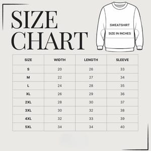 Op de afbeelding: Maattabel voor een sweatshirt, met afmetingen in inches. De tabel toont maten S t/m 5XL, met details over breedte, lengte en mouwmaten. Bovenin staat een illustratie van een sweatshirt.