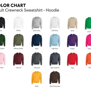 Op de afbeelding: Kleurenkaart met verschillende kleuren van Aldult Crewneck Sweatshirt - Hoodie. Kleuren zijn zwart, wit, sportgrijs, asgrijs, zand, Iers groen, bosgroen, legergroen, marine, lichtblauw, paars en meer.