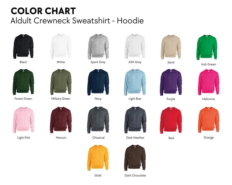 Op de afbeelding: Kleurenkaart met verschillende kleuren van Aldult Crewneck Sweatshirt - Hoodie. Kleuren zijn zwart, wit, sportgrijs, asgrijs, zand, Iers groen, bosgroen, legergroen, marine, lichtblauw, paars en meer.