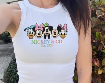 EMBROIDERED Mickey&Co Tank Top EST 1928, Mickey And Friends Embroidered Tank, Classic Disney Character Group Tank Top, Cute Disney Friends