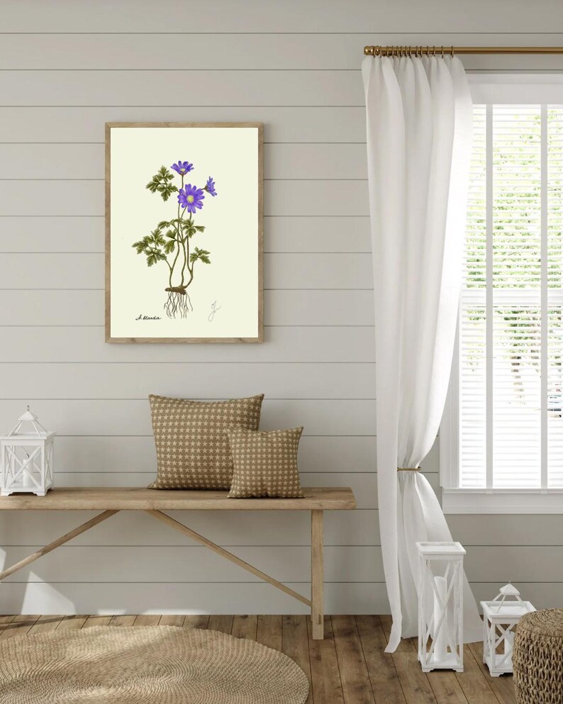 Anemone print hanging on a wooden cabin wall above a bench with two brown pillows