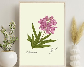 Oleanderblommatryck | Medelhavsbotanisk konst digital nedladdning