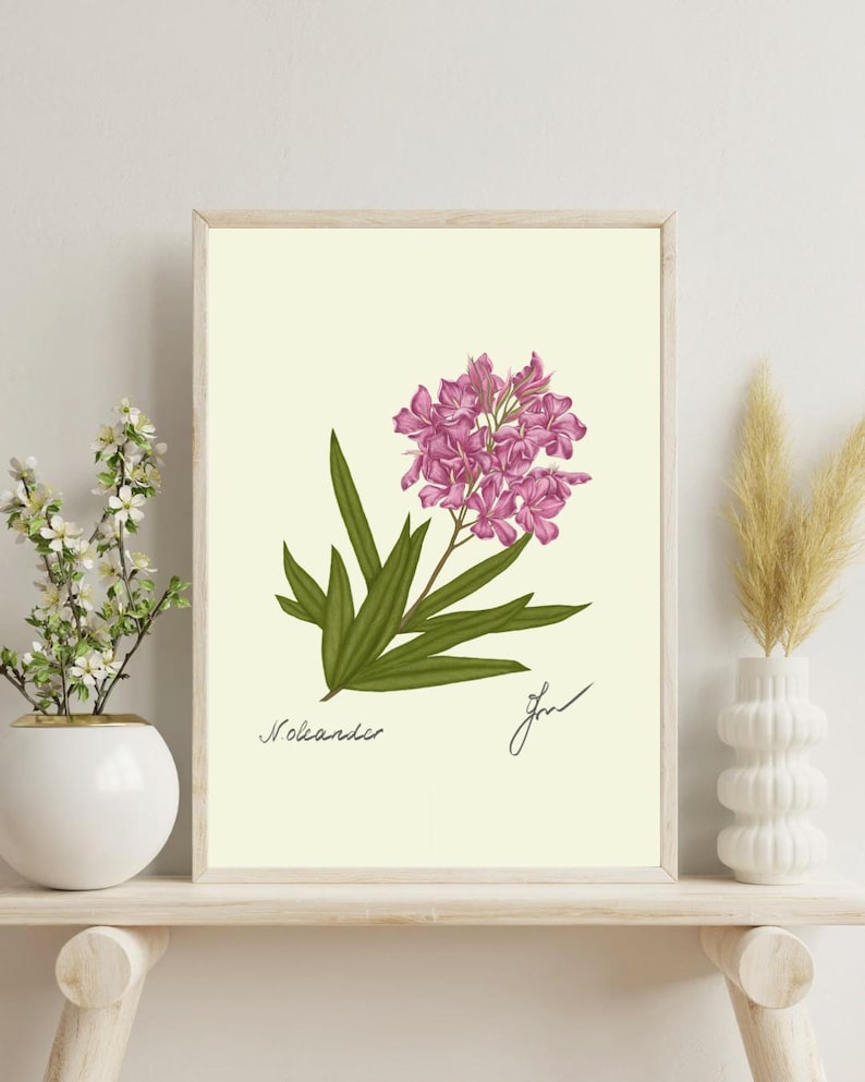 Oleander print on a white shelf next to two white vases and a white background