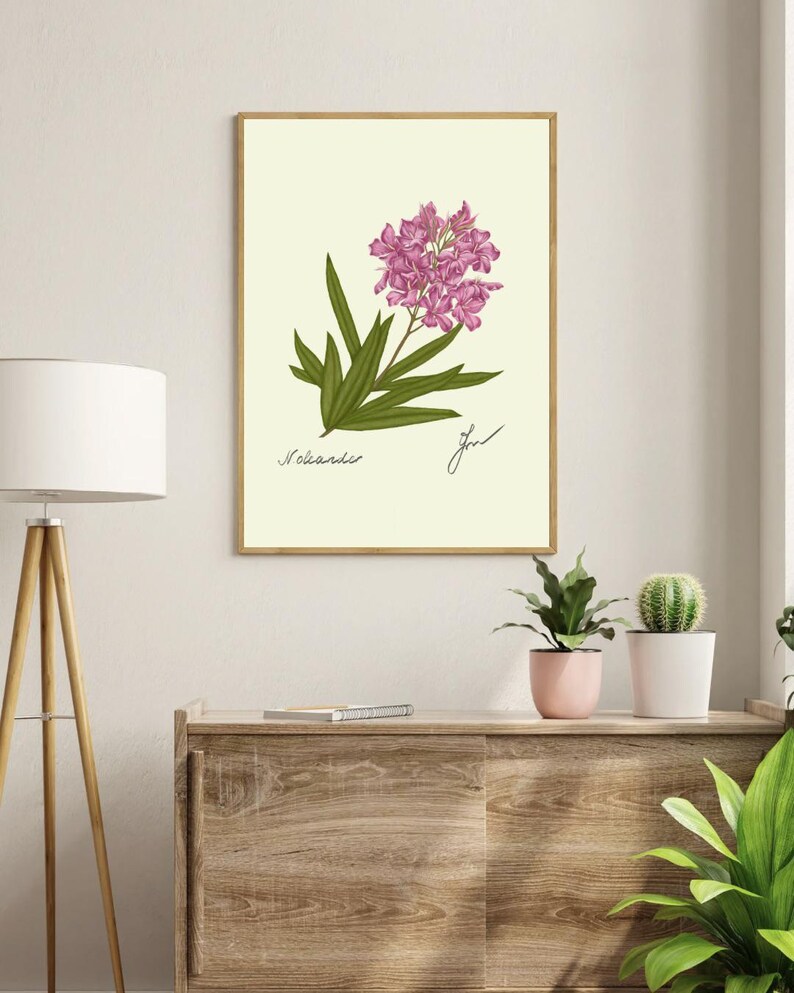 Oleander print in a wooden frame hanging on a white wall