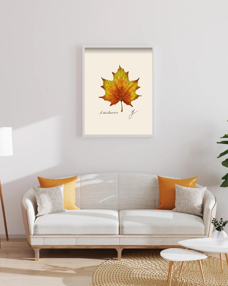 Acer print in a white framed print on a white wall above a white couch
