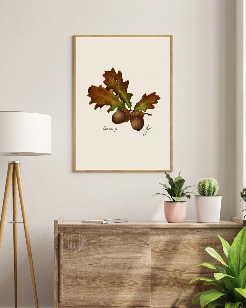 Quercus print in a wooden frame hanging on a white wall
