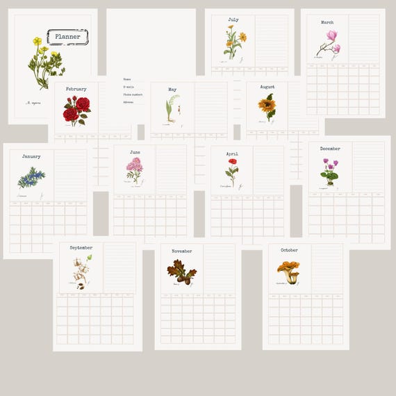 Vintage Floral Monthly Planner: Printable Perpetual Calendar (Digital Download)